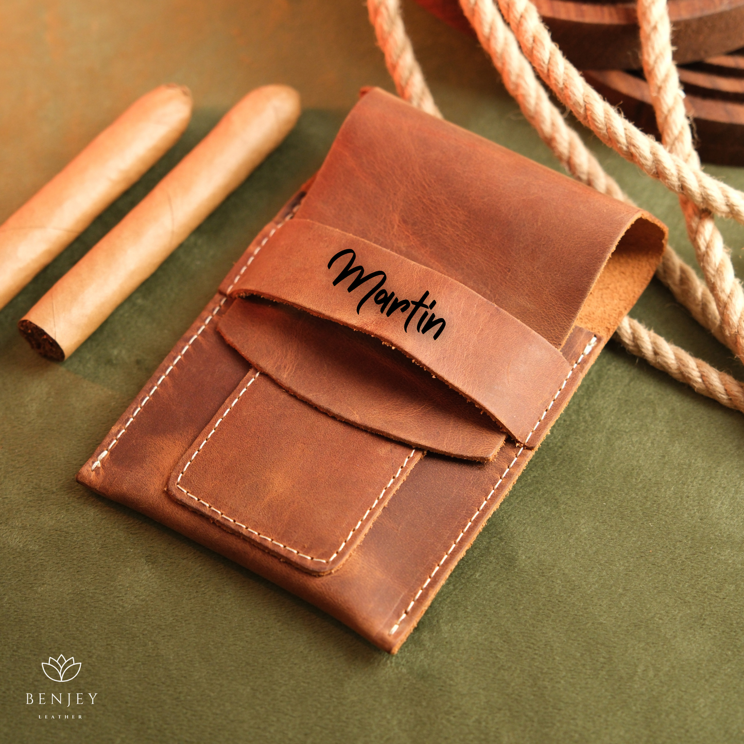 Leather Cigar Case  Holds 3 Cigars with Cutter Slot (6"X4")