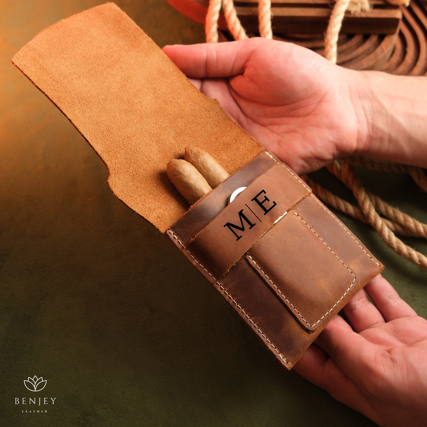 Leather Cigar Case  Holds 3 Cigars with Cutter Slot (6"X4")