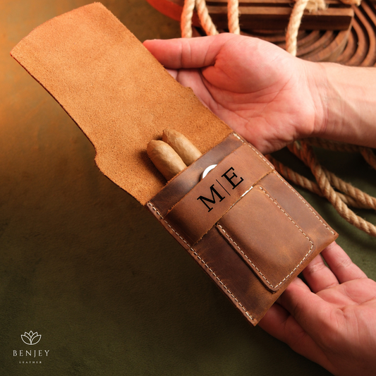 Leather Cigar Case  Holds 3 Cigars with Cutter Slot (6"X4")