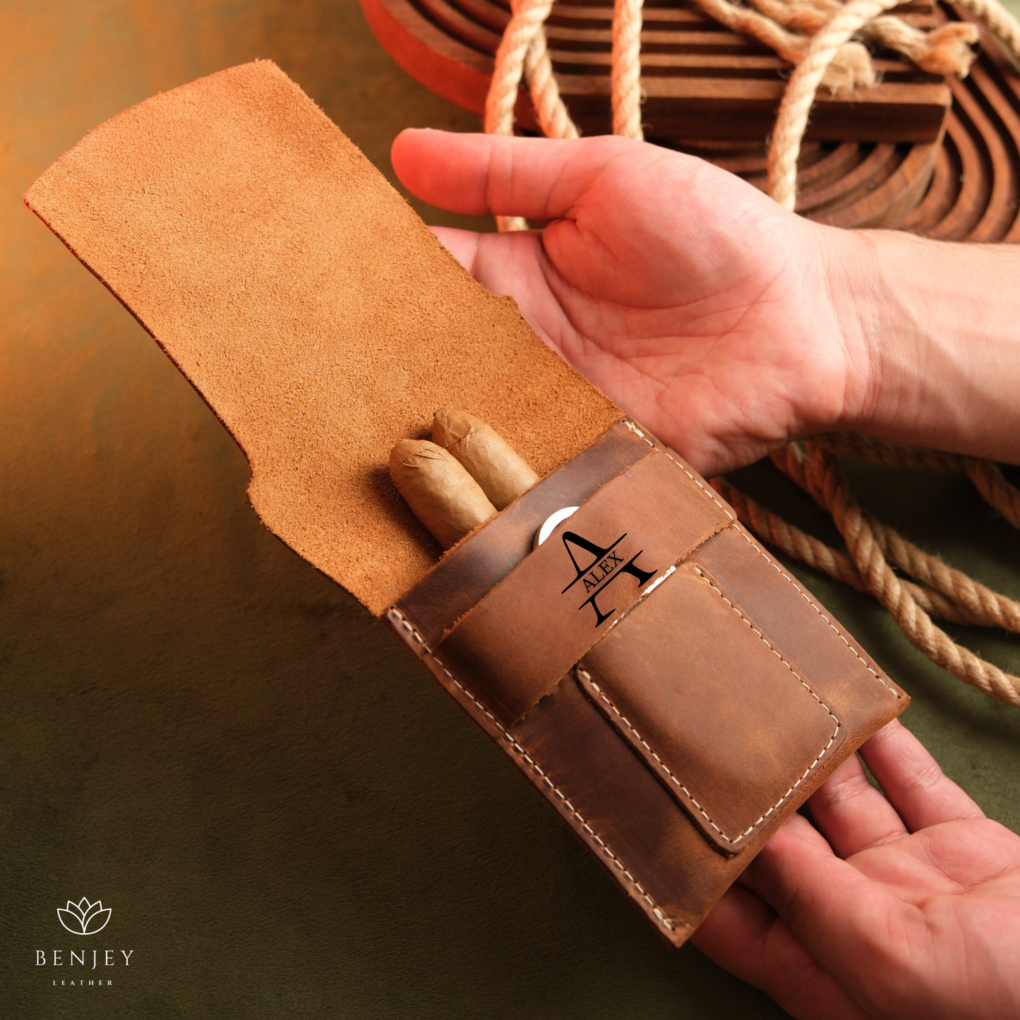 Leather Cigar Case  Holds 3 Cigars with Cutter Slot (6"X4")