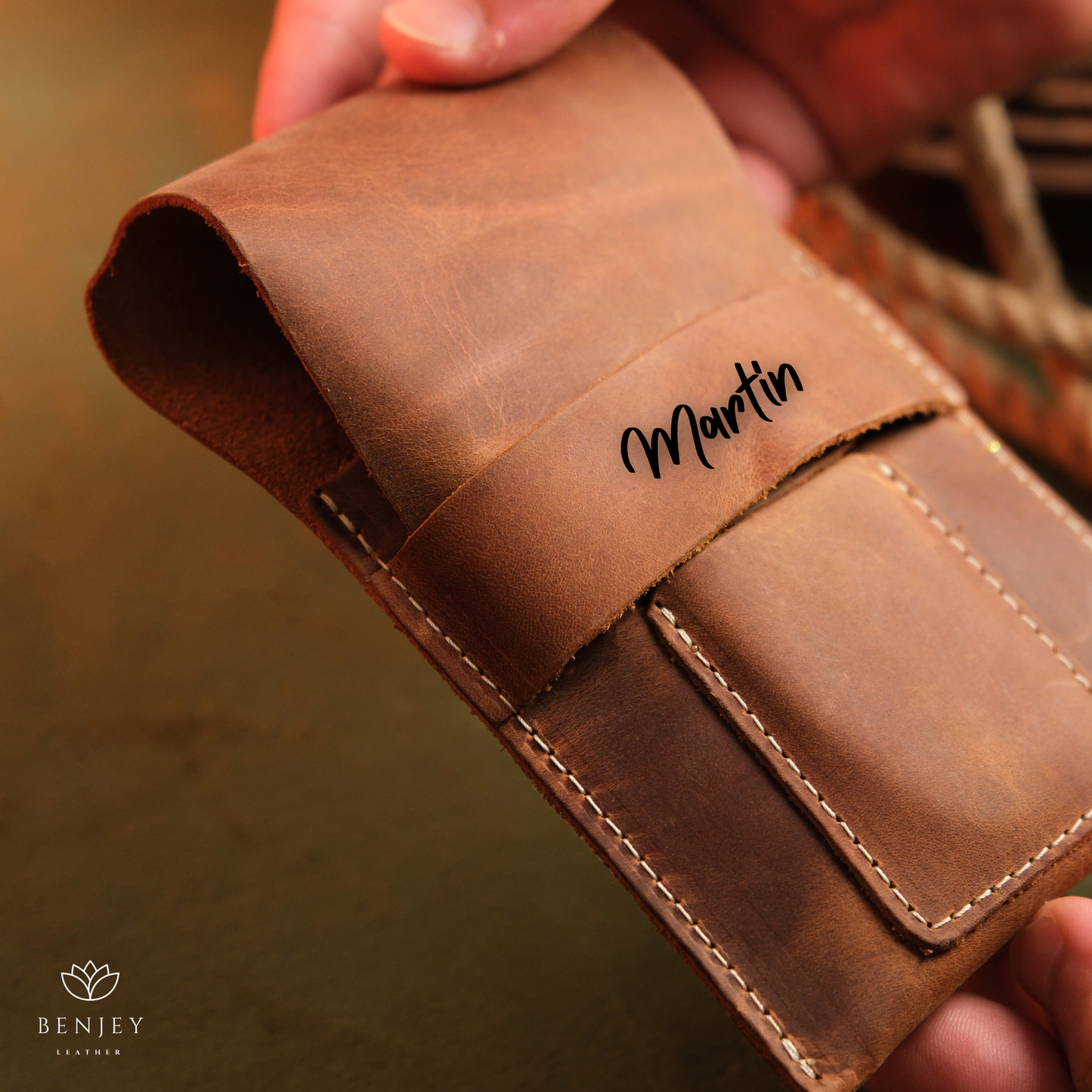 Leather Cigar Case  Holds 3 Cigars with Cutter Slot (6"X4")