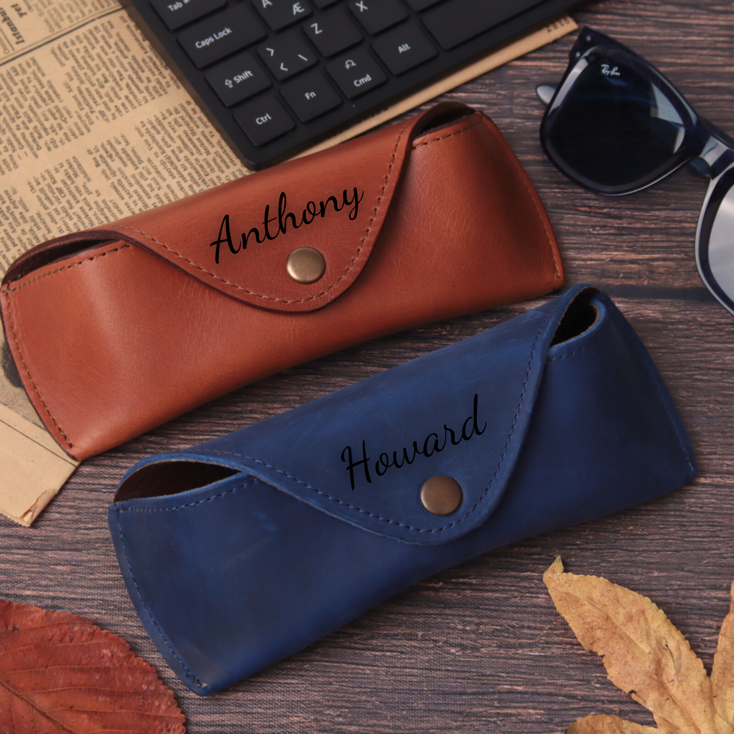 Leather Glasses Case - Protective Hard Shell with Soft Lining (7.2" X 2.7")