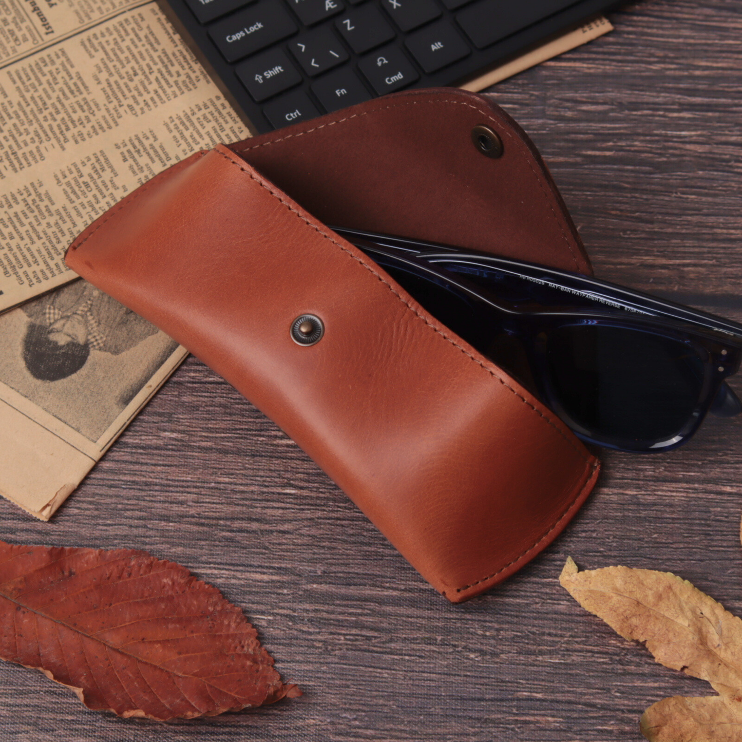 Leather Glasses Case - Protective Hard Shell with Soft Lining (7.2" X 2.7")