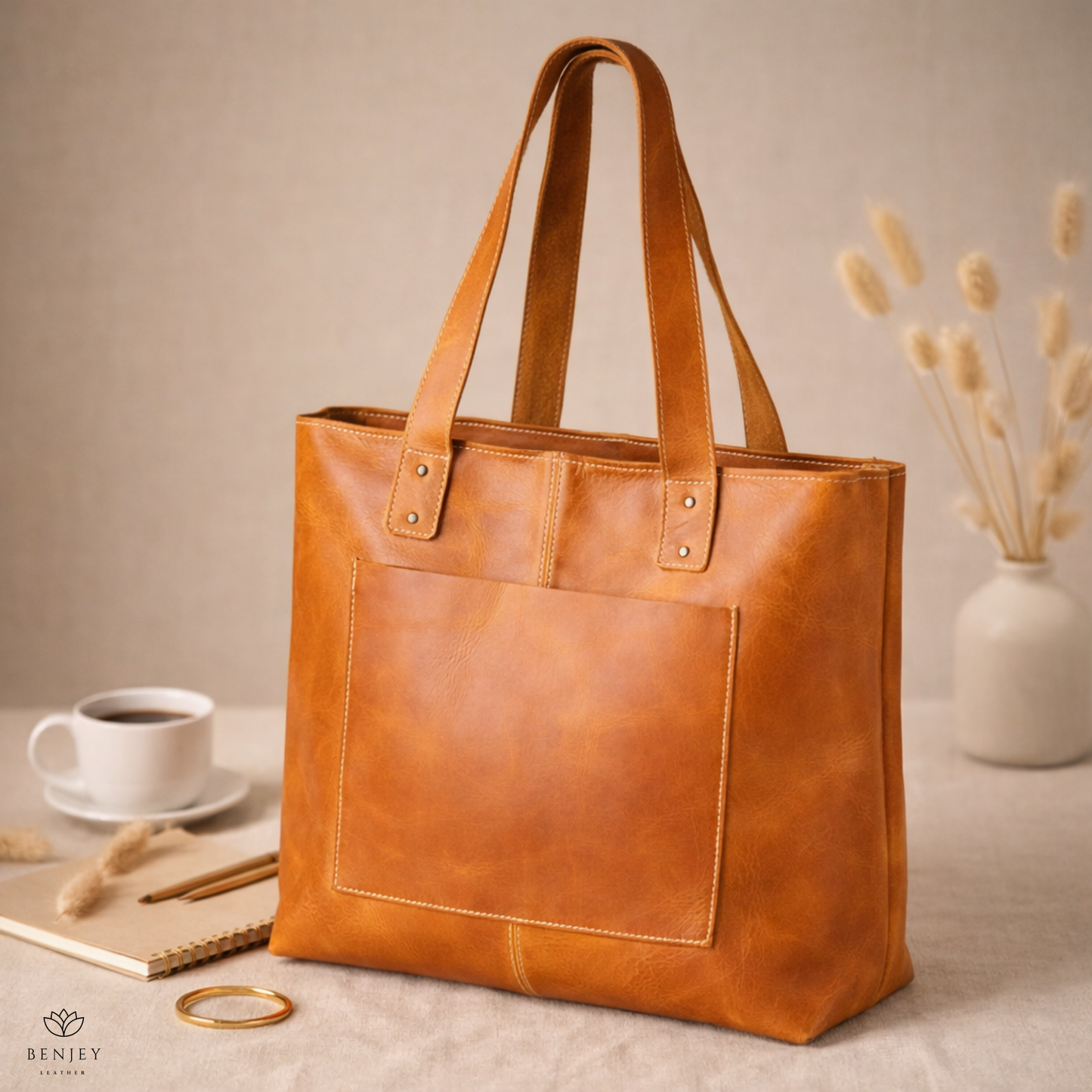 Leather Tote Bag - Minimal & Functional Everyday Bag (17" X 12" X 5")