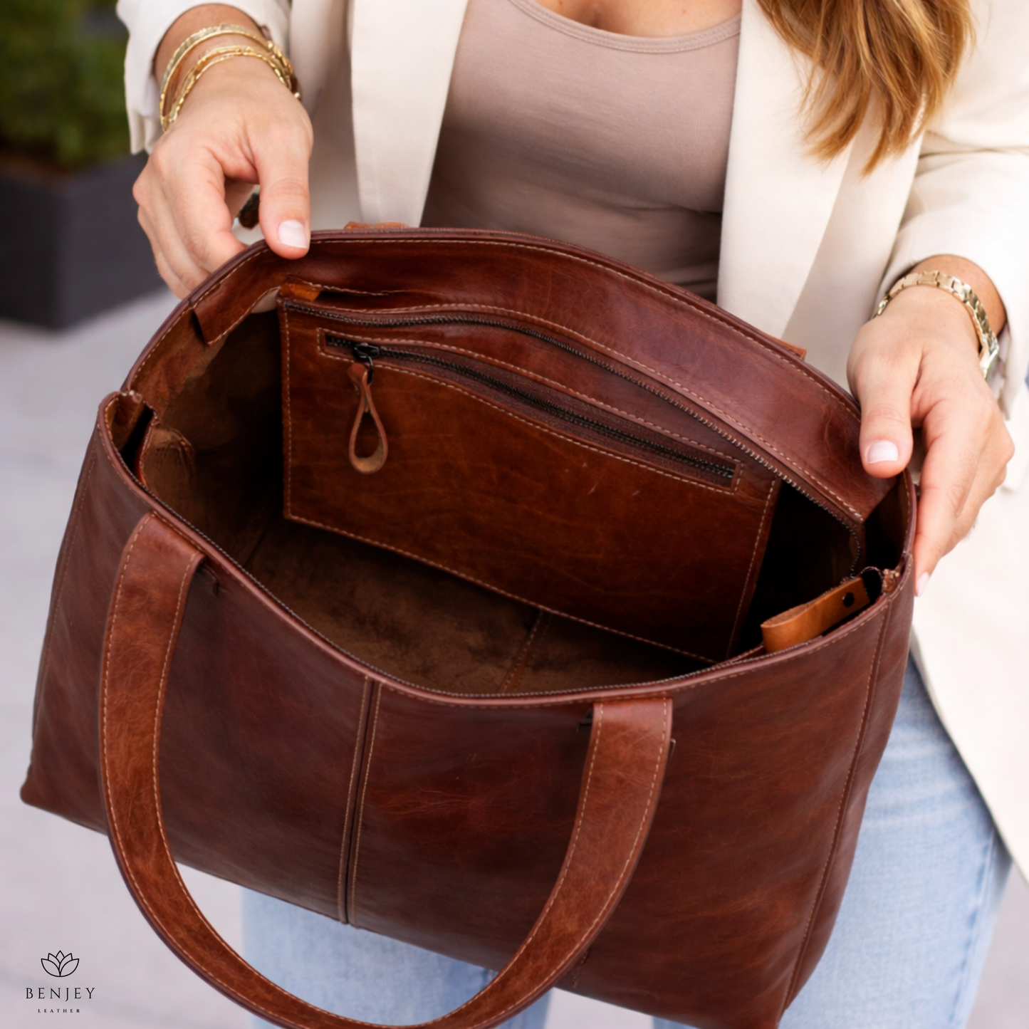 Leather Tote Bag - Minimal & Functional Everyday Bag (17" X 12" X 5")